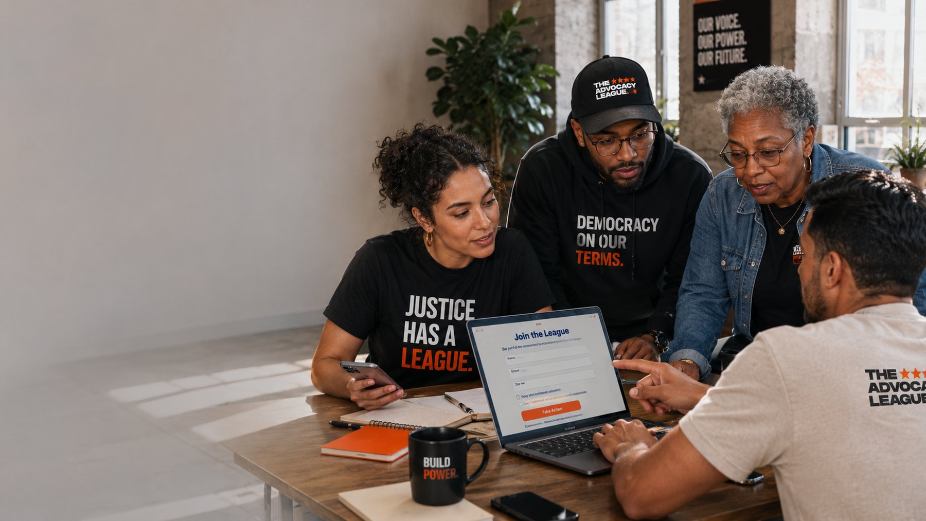 A team building The Advocacy League together around a laptop