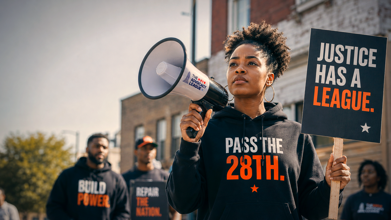 A woman with a megaphone holding a Justice Has a League sign at a Pass the 28th rally