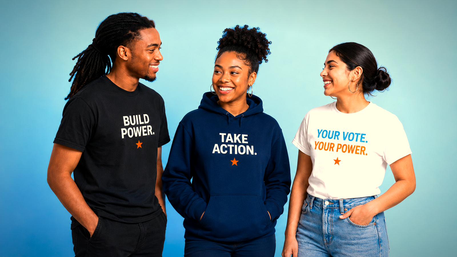 A group in Build Power and Take Action shirts standing together for coordinated economic action