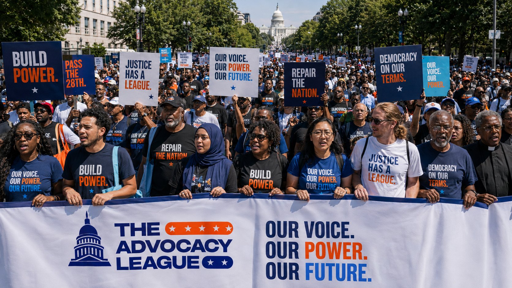 A diverse coalition, clergy, students, and organizers, marching behind The Advocacy League banner