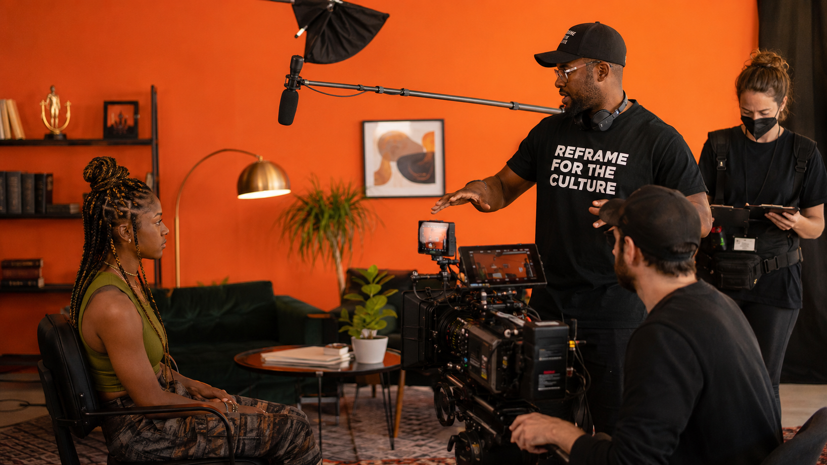 A film set with a director in a Reframe for the Culture shirt directing a scene against an orange wall